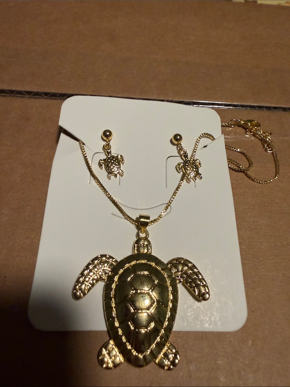 Gold Turtle Pendant Necklace and Earring Set - Women's Jewelry